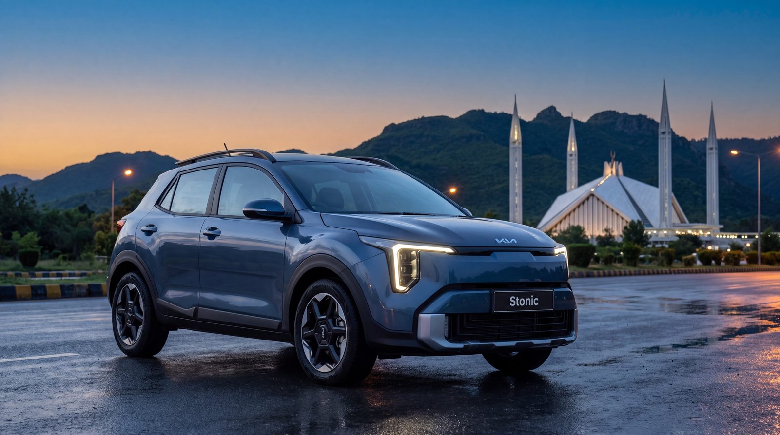 Kia Stonic parked on a wet road at dusk with Faisal Mosque and the Margalla Hills behind